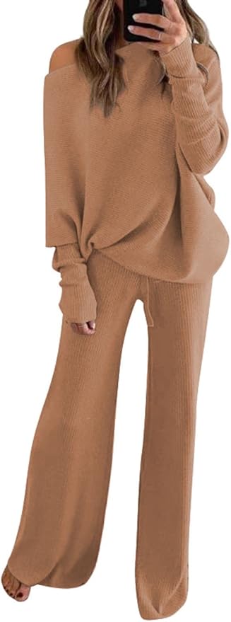 Camel turtleneck sweater and wide-leg pants set