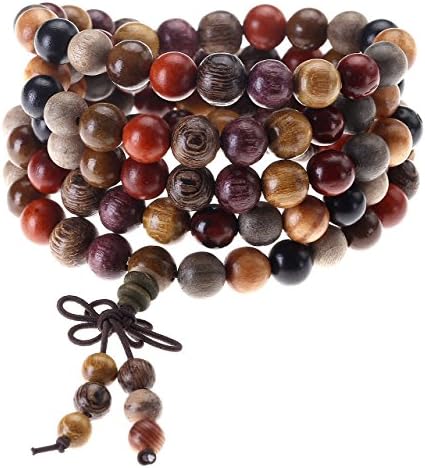 Top Plaza Unisex 108 Natural Wood 6mm 8mm Beads Bracelet Buddhist Rosary Mala Necklace(8mm Sandalwood Duobao)