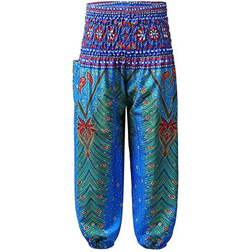 Kkmeter Kids Girls Bohemian Harem Pants Smocked Waist Baggy Boho Pants Yoga Pilates Hippie Dance Trousers (Blue, 9-10) #TOP8