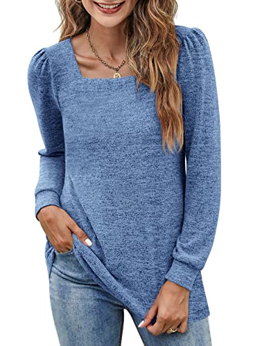 BZB Womens Tunic Tops for Leggings Square Neck Puff Sleeve Shirts Casual Fall Sweatshirts S-2XL, 07-blue, Large
