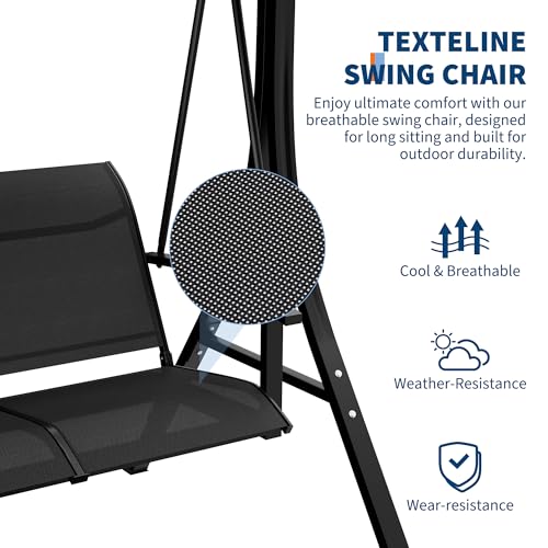 Image of GarveeLife 3-Seat Patio Swing Chair, Outdoor Porch Hanging Swings with Adjustable Canopy and Armrests, Breathable Textilene Fabric Seat & Backrest, Swing Bench for Garden, Poolside, Backyard, Black