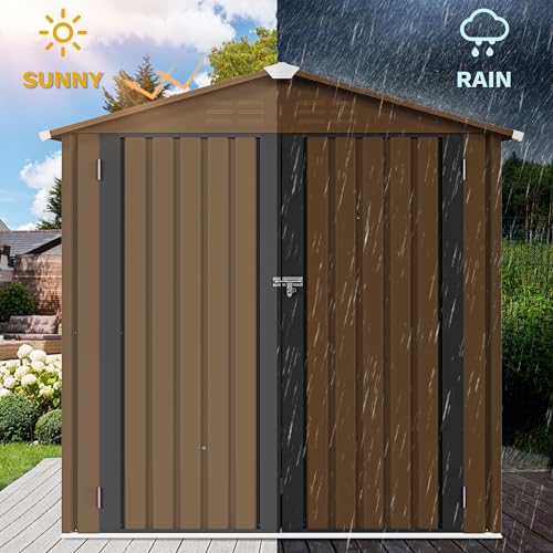 Image of DWVO 6x4ft Outdoor Storage Shed, Lockable Metal Tool Storage Sheds, Waterproof Garden Sheds with Vents for Backyard, Patio, Garage, Lawn, Brown
