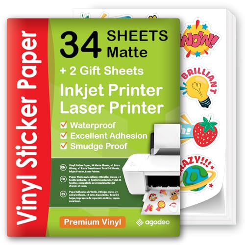 Premium Printable Vinyl Sticker Paper for Inkjet Printer - 34 Sheets...