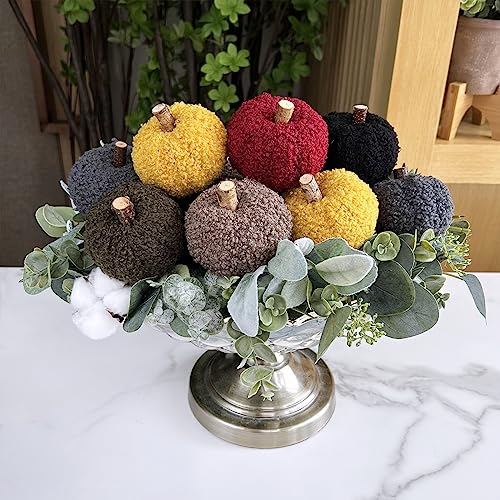 Image of Winlyn 12 Pcs Assorted Small Faux Sherpa Pumpkins Decorative Burgundy Yellow Olive Gray Taupe Black Fabric Foam Pumpkins for Farmhouse Fall Thanksgiving Halloween Table Centerpiece Decor