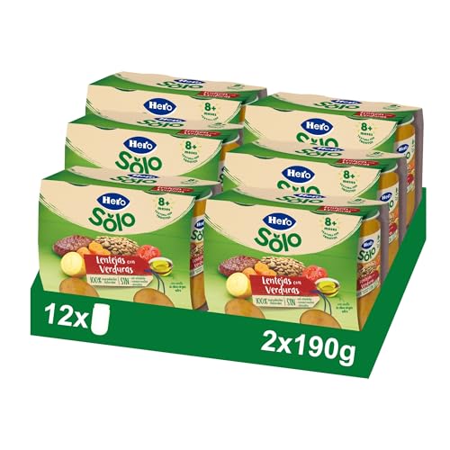 Hero Baby Tarrito Infantil - Tarritos Recetas Caseras de Lentejas con Verduritas, Sin Aceite de Palma, Sin Sal Añadida, Para Bebés desde 8 Meses, Ingredientes 100% Naturales, 6 Packs de 2 x 190 gr