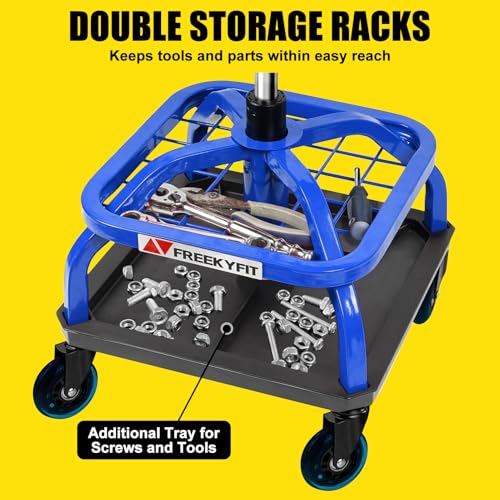 Image of Rolling Stool with Blue Wheels,Heavy Duty Garage Work Mechanic Rolling Shop Stool with Backrest, Adjustable Height 360Swivel Roller Mechanic Chair with 2 Tool Trays, 330 LBS Capacity