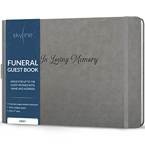 Image of Skyline Funeral Guest Book, Sign In Name & Address, Hardcover Grey | 10 inchx7 inch, Elegant sign-in guestbook for memorial service & celebration of life with large signature space, Memory book