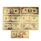 SOHODECO 7 pcs Gold Foil Dollar Bills, 100/50/20/10/5/2/1 Gold Dollar Bills USD Money Banknotes