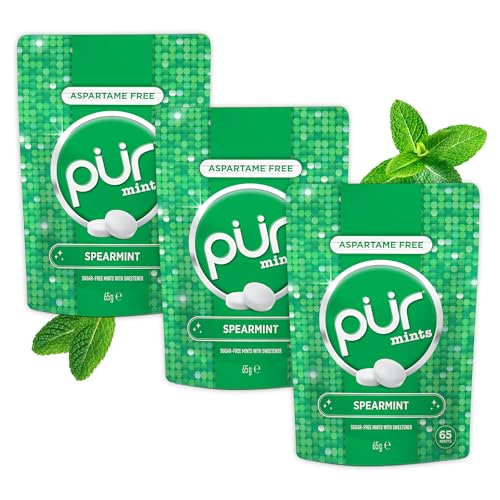 PUR Mints | Caramelos de menta Sin Aspartame | Endulzados con Xilitol | Sin Azúcar, Veganas, Sin Gluten | Sabor Natural a Hierbabuena | 65 unidades en bolsa resellable (Pack de 3)