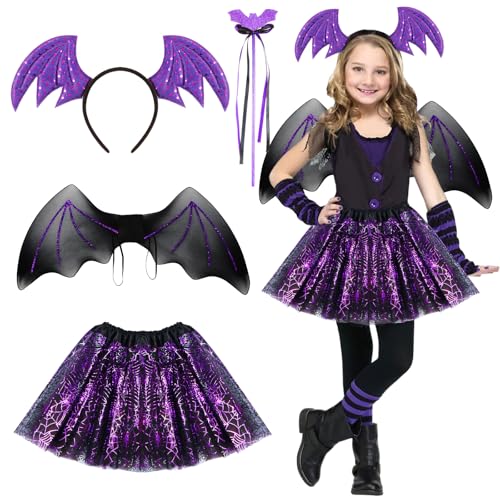 Tutukyle Disfraz de Murciélago para Niña, Disfraz de Halloween Niña Alas Murcielago Varita Mágica de Araña Murciélago Negro Morado Para Halloween Carnaval Fiesta Temática Cosplay