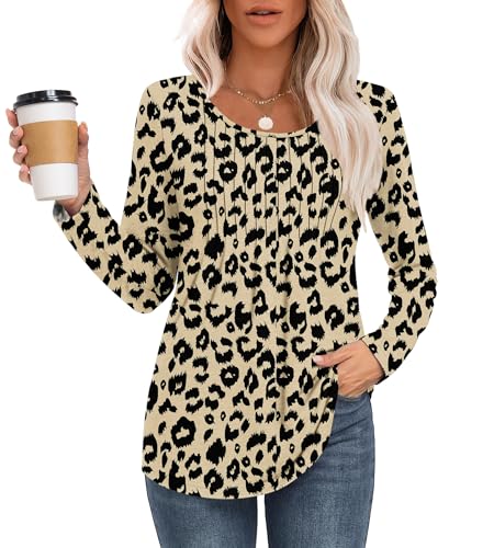 MOLERANI T Shirts for Women UK Round Neck Loose Casual Ladies Long Sleeve Tops Front Pleated T Shirt Leopard L