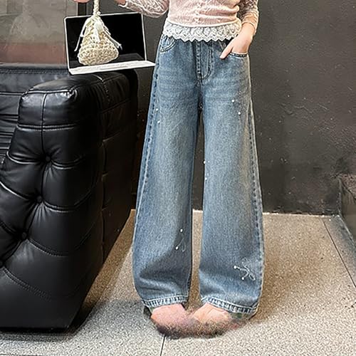 Jeans for Kids Girls Baggy Embroidered Wide Leg Denim Pants Elastic Waist Trousers Trendy Casual Streetwear with Pockets4