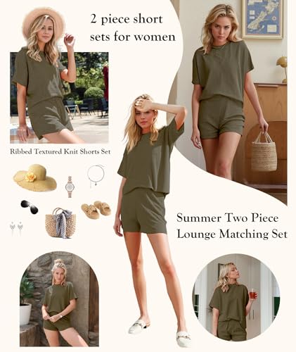 Image of MARZXIN Women 2 Piece Shorts Set 2026 Casual Summer Cruise Outfits Ribbed Loose Short Sleeve Pocket Matching Lounge Sets