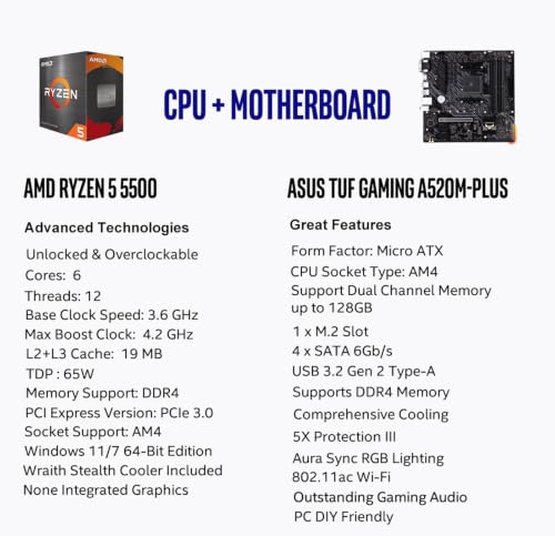 Image of MICRO CENTER AMD 5500 Processor with ASUS TUF Gaming A520M Plus Motherboard | CPU Motherboard Combo, AM4, DDR4, Micro-ATX, M.2 Support, 802.11ac Wi-Fi, DisplayPort, HDMI, Windows 10 Support