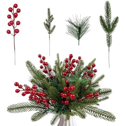 CIEOVO 100 Pieces Artificial Pine Needles Branches Garland Christmas Picks Artificial Red Berry Stems Holly Berries for DIY Christmas Garland Wreath Xmas Embellishing Flower Arrangements Decoration Cover