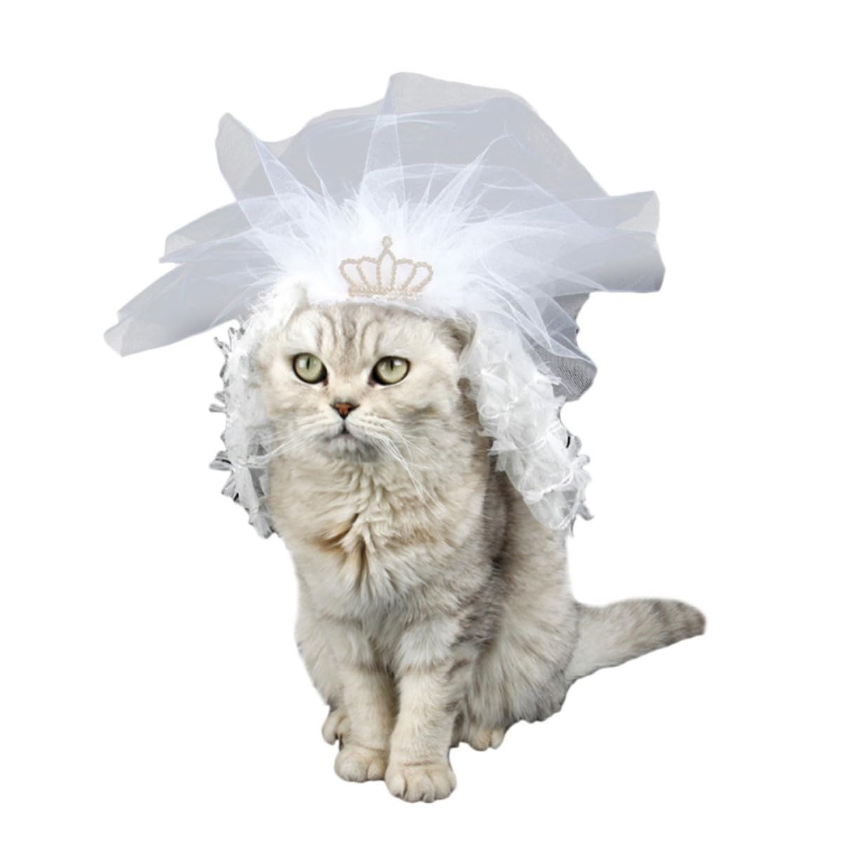 Vestido de dama para gatitos en encaje blanco con tiara miniatura de gala 1