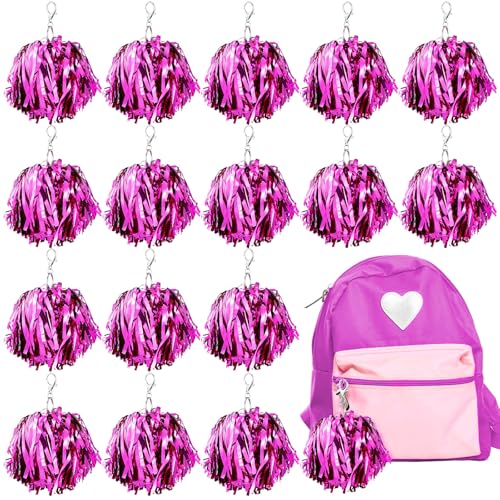 Colingmill 20 Pcs Cheer Pom Pom Keychains Cheer Gift Bulk Cheerleading Keyring Charm for Women Cheer Accessory Sports Events(Rose Red)
