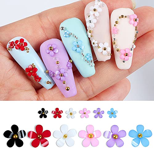 3D Colorful Flower Nail Charms White Pink Blue Purple Red Black Flowers Acrylic Nail Art Decals Charms With Pearls Metal Golden Round Beads For Nail Art Diy Crafting Decal Accessories #TOP5