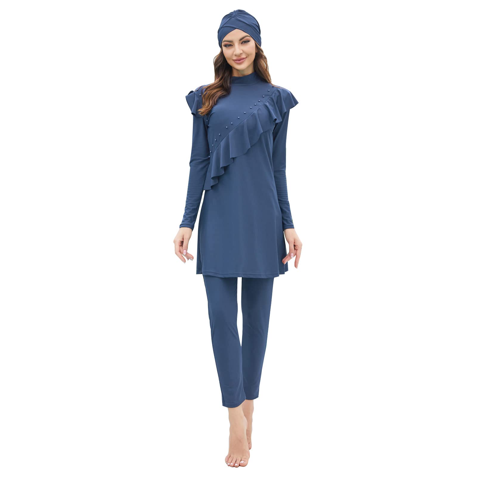 Burkini Swimsuits for Women Modest Muslim Swimsuit Islamic Swimming Suits Swimwear Burkinis Full Cover Hijab Swim Shirt Middle East Arabian Pants Swim Cap 3 Piece Bathing Suits Blue Beads X-Large