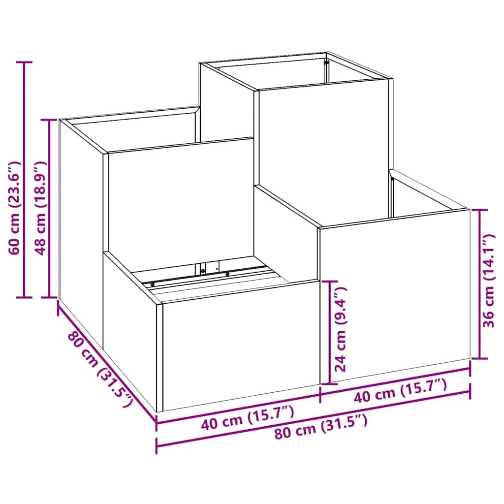 Macetero de jardín antracita de acero 80 x 80 x 60 cm, resistente a las heladas con almacenamiento de agua para hierbas, balcón, terraza, exterior, moderna jardinera