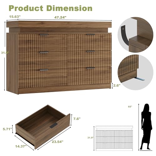 Image of 6 Drawer Dresser with LED Lights and Charging Station, 47 inch Wide Walnut Wood Fluted Dresser for Bedroom, Modern Chest of Drawers for Closet Organizer Cabinet for Living Room, Entryway, Hallway