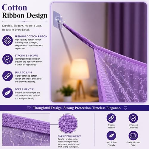 Image of Mosquito Net for King Size Bed & Double Bed (6x7 ft, Wall /Hook Hanging) Poly-Cotton Blend Fabric with Zigzag Wave Line Pattern, Pre-Fitted Bottom & Cotton Ribbon (Frame Not Included-Royal Violet)