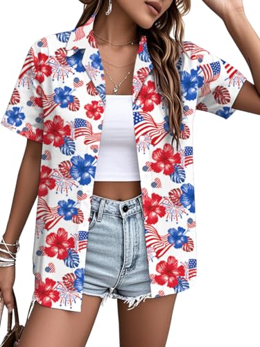 Image of American Flag Shirt for Women 4th of July USA Button Up Tops Summer Hawaii Floral Patriotic Stripes Graphic Tee