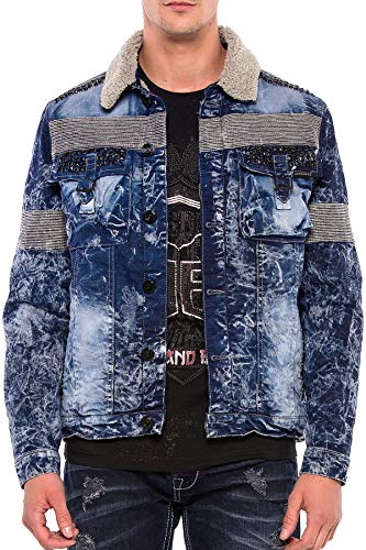 Cipo & Baxx Herren Jeansjacke CJ245 Blau – Stylische Denim Jacke im Used-Look mit Kunstfellkragen & Zierdetails – Modische Übergangsjacke für Alltag, Freizeit & Party – CJ245 Blau XXL