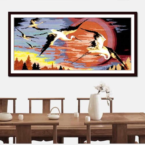 Image of Aiorkeng Cross Stitch Kits Stamped Full Range of Embroidery Starter Kits for Adults Beginners DIY 14CT 2 Strands -Printed kit Red-Crowned Cranes in The Rising Sun(Printed) 31.1x15.7inches