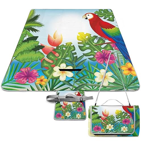 Tropical-Exotic-Garden-Parrot Picnic Blanket Waterproof Foldable, Large Outdoor Picnic Blanket Beach Blankets Camping Blanket Travel Mat, Shoulder Strap Tote, Rectangle 58x58in