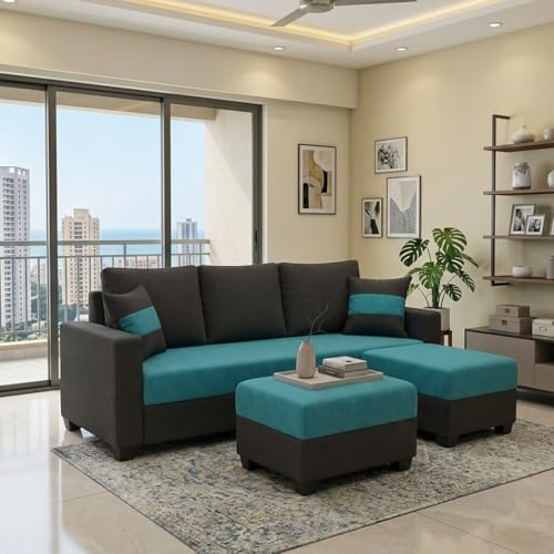 Image of FURNY Oreoy 5 Seater L Shape Sofa Set with 2 Movable Ottoman | Flexible Left or Right Layout | Plush Velvet Fabric (Aqua Blue-Dark Grey) | Perfect for Living Room, Guest Room & Office