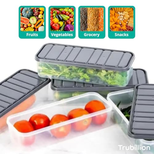 Image of FridgeBox Set of 6 Fridge Storage Containers with Lid 1200ml Freezer Safe BPA Free Stackable Transparent Organizer Boxes for Vegetables Fruits Snacks Kitchen Made in India