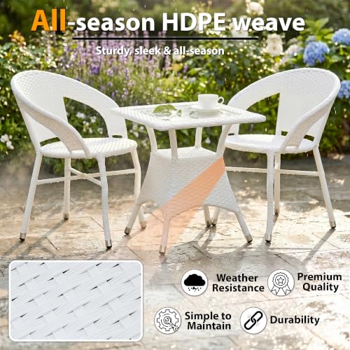 Image of BRISHI 3-Piece Outdoor Rattan Wicker Patio Square Coffee Table Set | Garden Furniture for Balcony, Terrace, Poolside & Porch | Waterproof Bistro Sets for Home & Backyard (White)