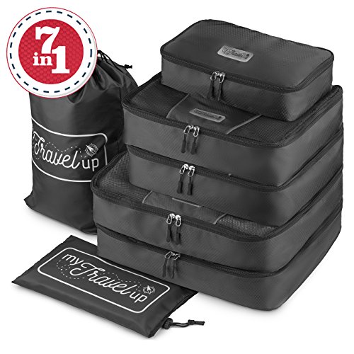 MyTravelUp, 7in1 - TRAVEL PACKING CUBES for everyone who loves travelling, HIGH QUALITY durable material, 2 BAGS for LAUNDRY/SHOES. This travel set will be a SMART ORGANIZER for clothes (Black)