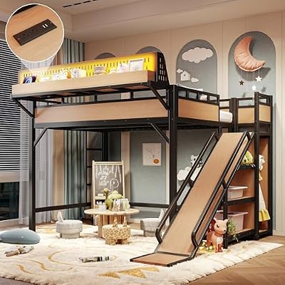 IZLKQC Full Size Metal Loft Bed for Children, Black & Natural