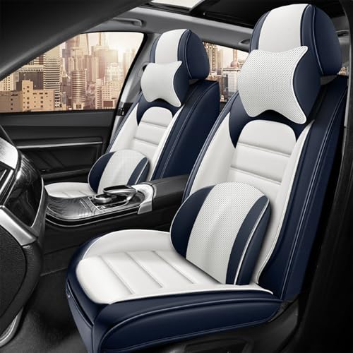 Image of Fit for Sedan SUV Pick-up Truck,Automotive,Ice Slik Nappa Leather Car Seat Covers,Waterproof Durability Washable Seat Covers,5 Seat Complete Set Luxury Car Seat Cover(Blue & White)