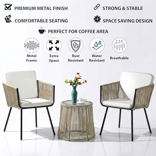 Image of BRISHI Garden Patio Seating Chair and Table Set Outdoor Balcony Garden Coffee Table Set Furniture with 1 Table and 2 Chairs Set Braid & Rope (Beige), 58 cm, 64 cm