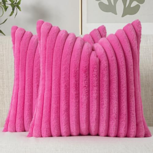 Image of MIULEE Faux Fur Decorative Throw Pillow Covers 18x18 Set of 2 Hot Pink | Retro Vintage Boho Spring Home Decor Soft Plush Couch Pillows Cozy Fluffy Cushion Covers for Sofa Bed Living Room