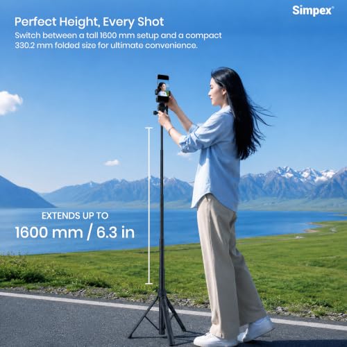 Image of Simpex SST-63 160cm Aluminum Tripod Selfie Stick with Wireless Remote, 360 Ball Head, 7-Section Extendable Stand, 3-Leg Stable Base & Compatible with Smartphones & Action Cameras
