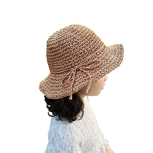Kids Summer Straw Hat Handmade Bowknot Beach Sun Protection Hats for Girls Khaki