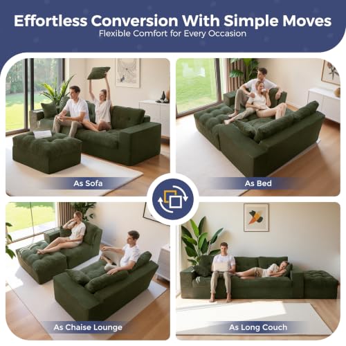 Image of MAXYOYO 96 inch L Shaped Modular Sectional Sofa with Ottoman, Cloud Boneless Couch with Layered Cushion, Upholstered Sofa in a Box, Flexible Module Combination for Living Room, No Assembly, Dark Green