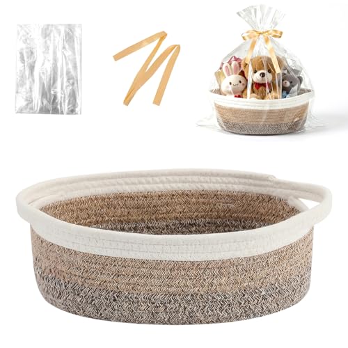 Image of Basket for Gifts Empty, Small Woven Basket with Bags and Ribbons, Baby Toy Baskets with Handles, Wicker Storage Bin for Baby Showers or Pet Toy (White-Brown Gradient, 1 Pack (12 inchx 8 inchx 3.74 inch))