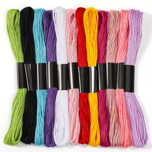 Image of Embroidery Thread, 12 Skeins Rainbow Color Cotton Embroidery Floss, Friendship Bracelet String Cross Stitch Thread, for DIY Crafts Floss, Embroidery Projects, Bracelet Yarn