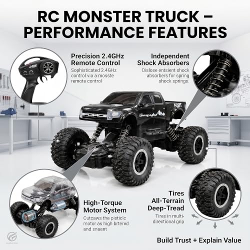 Image of Big Size Rock Crawler Rc 4x4 Car Monster Truck Toy for Boys Girls Kids, Off-Road Vehicle with LED Headlights & Music, Dual Mist Fog Spray Function, Anti-Skid Rubber Tires, Birthday Gift 6121 Black