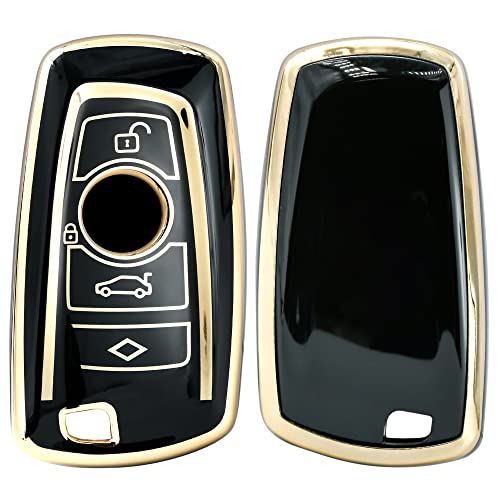 Image of KMH - TPU Gold Car Key Cover Compatible with BMW Push Button Smart Key with Key Chain BMW Series 1 3 4 5 6 7 and X3 X4 M5 M6 GT3 GT5 (Black)