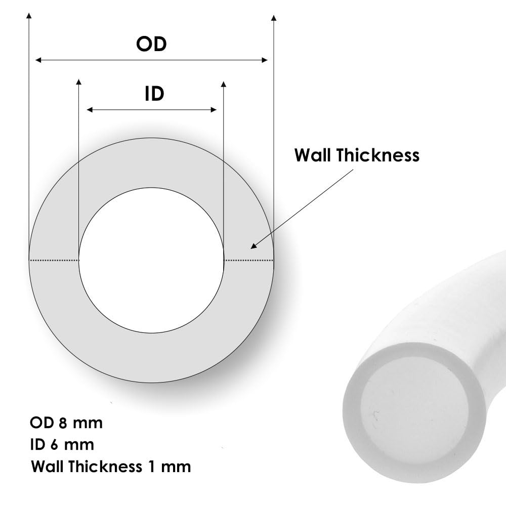 Tubo de teflón de PTFE (tubo de PTFE de 6 mm x 8 mm) 50 metros - Tubo de PTFE de granulado de PTFE puro - Apto para -70 °C a 260 °C - Resistente a productos químicos - Muy bajo coeficiente de fricción