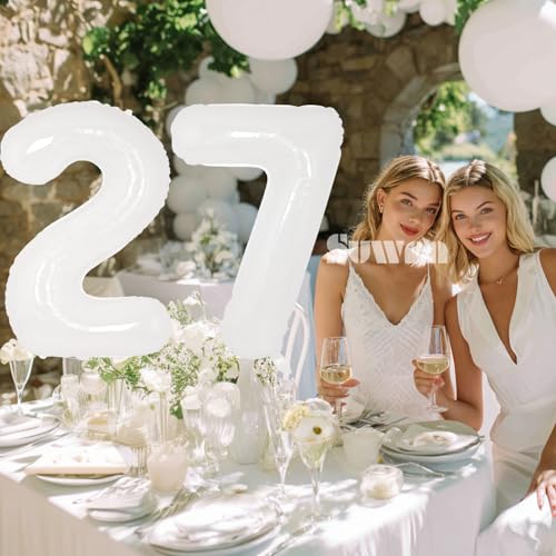 Image of SUWEN 40 Inch White Large 27 Balloon Numbers Big Foil Helium Number Balloons 0-9 Giant Jumbo Happy 27th Birthday Party Decorations for Men or Women Huge Mylar 72 Anniversary Party Supplies