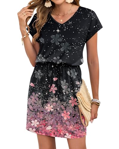 Image of AUSELILY Womens Summer Mini Dress, Short Sleeve V Neck Drawstring Casual | Tshirt dress with drawstring waist and pockets. Ideal sundress for daily outing, beach and vacation