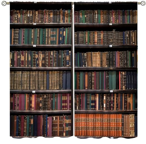 Yearn Jear Bookshelf Curtains, Vintage Library with Books Window Treatments for Kids Bedroom, Wooden Wooden Antique Bookcase Drapes 2 Panel Sets,72x63 Inch Blackout
