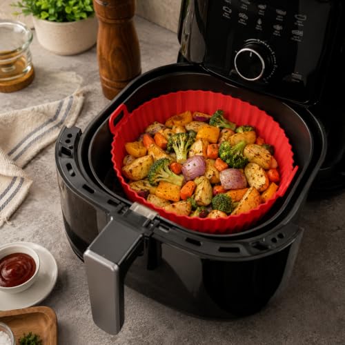 Image of Cutting EDGE Silicone Air Fryer Basket | Non Stick & Reusable Baking Tray | Round Liners With Ear Handles, Heat Resistant Oven Cooking Accessories (Set of 2, Red & Blue - Color)